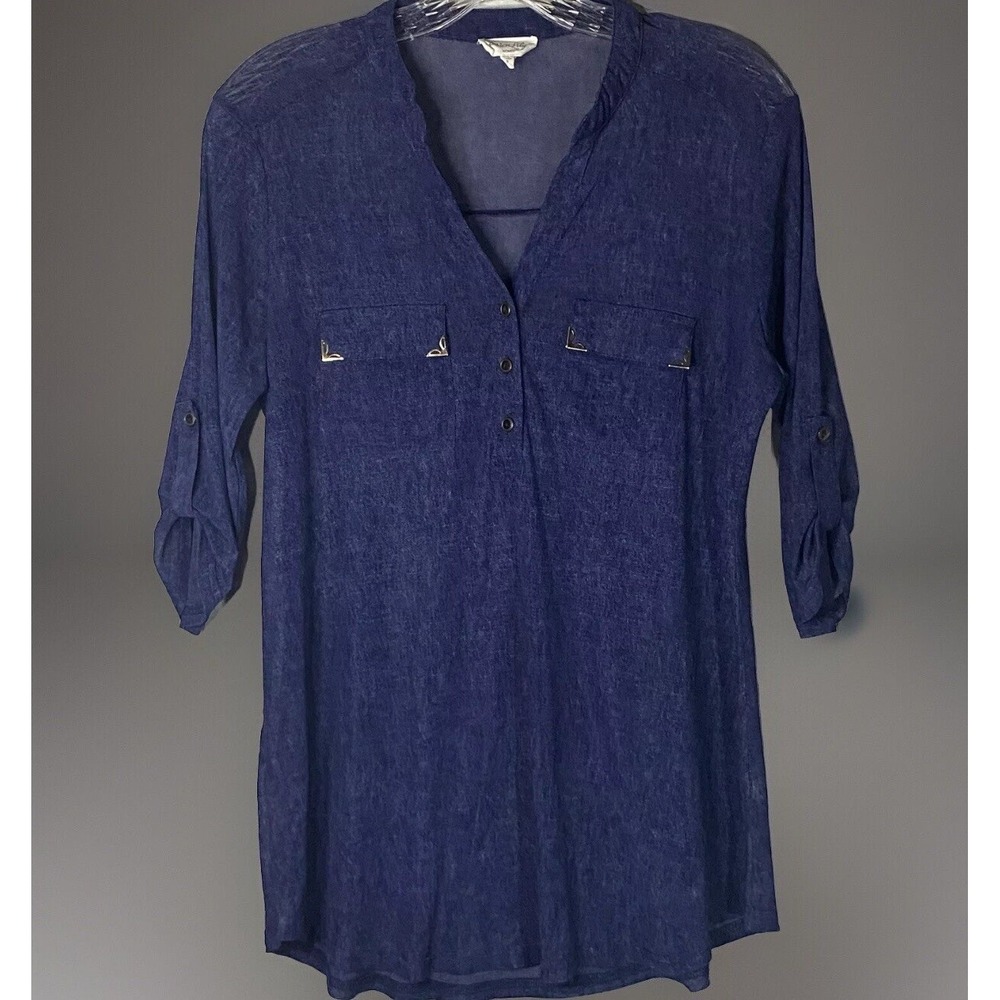 Siren Lily Blouse Small Women's Sheer Preppy Office Business Navy Gold Chic Y2k
